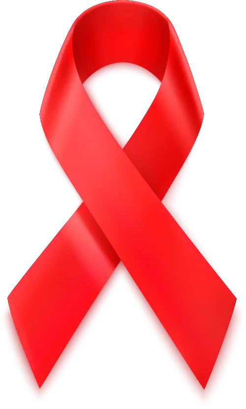 A red awareness ribbon, looped and crossed at the bottom, symbolizing support for HIV/AIDS awareness and related causes.